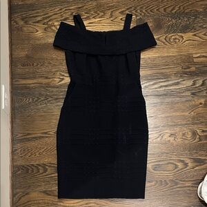 Badgley Mischka Black with Navy details Off-the-Shoulder Dress